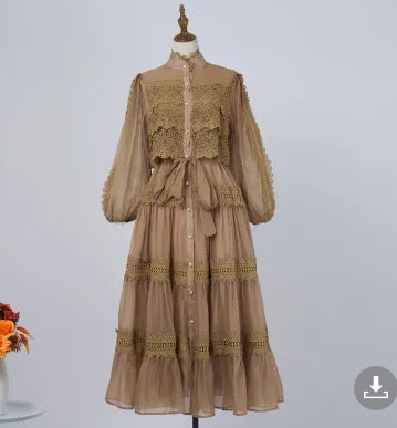 Vacation Style Half Sleeve Refined Handmade Lace Stitching Lantern Swing Dress