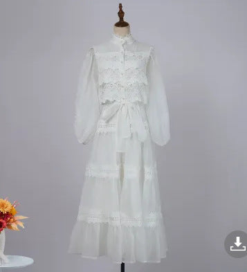 Vacation Style Half Sleeve Refined Handmade Lace Stitching Lantern Swing Dress