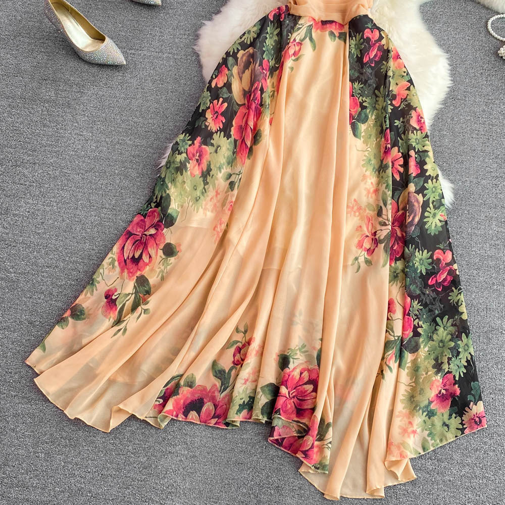 Elegant Women's Dress Long Skirt Waist Slim Print Dress