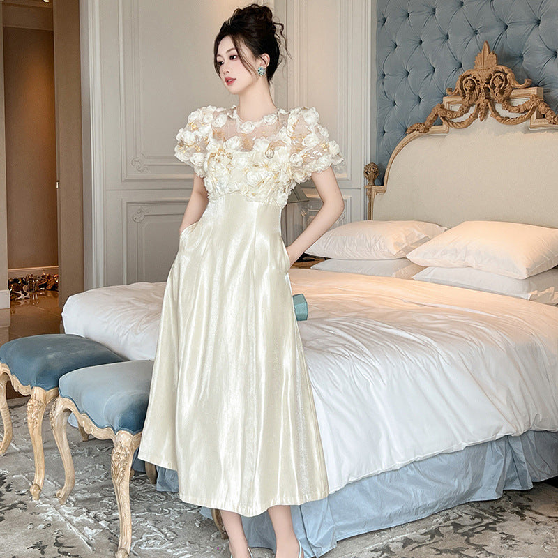 Puff Sleeve Waist-tight Draping Long Dress