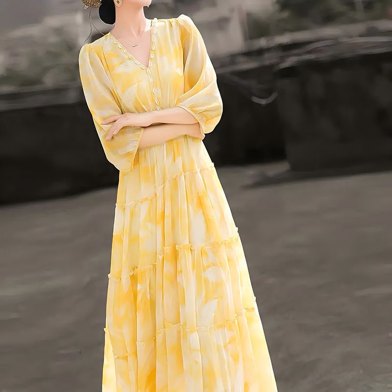 Yellow Temperament Youthful-looking Chiffon Design Skirt
