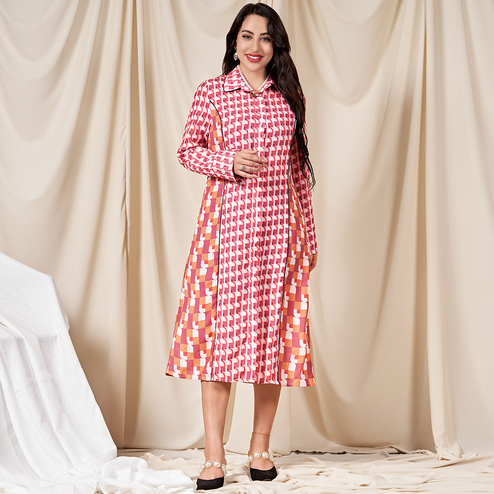 Classical Lapel Geometry Splicing Buttons Shirt Sleeve Mid Dresses