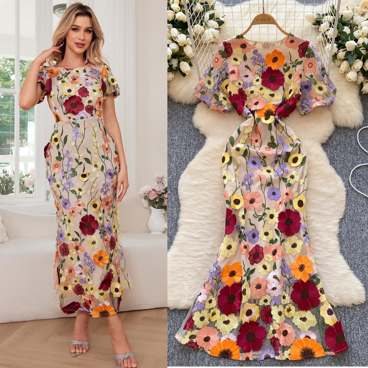 Elegant Flower Embroidery Round Neck Slim Waist Fishtail Dress