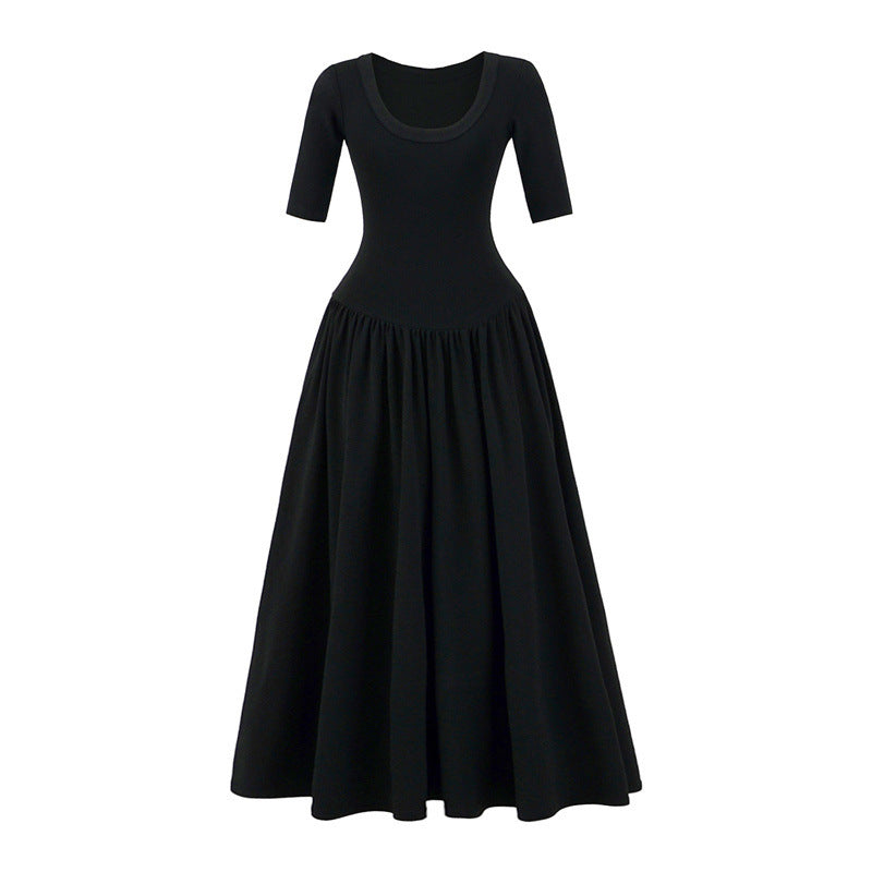 Ballet Style Slim U Collar Pleated Dress