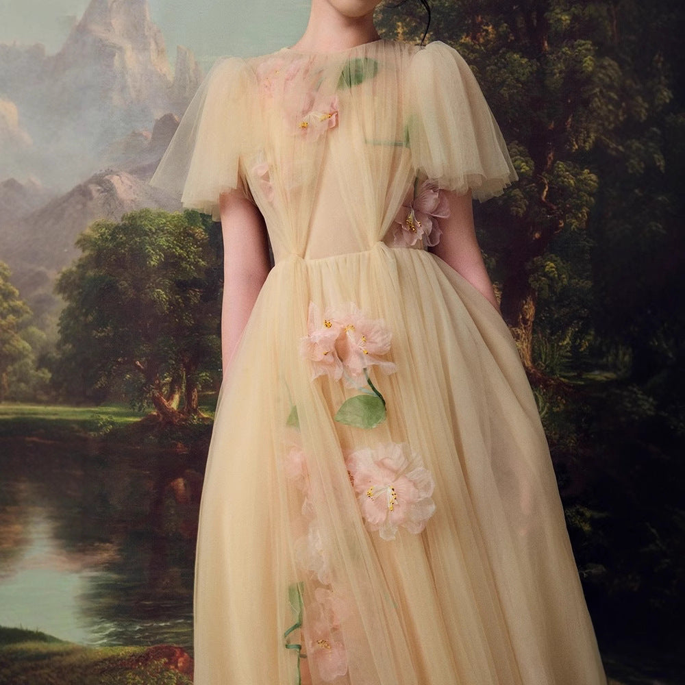 Designer Heavy Industry Net Yarn Hand-stitched Flower Fairy Dress