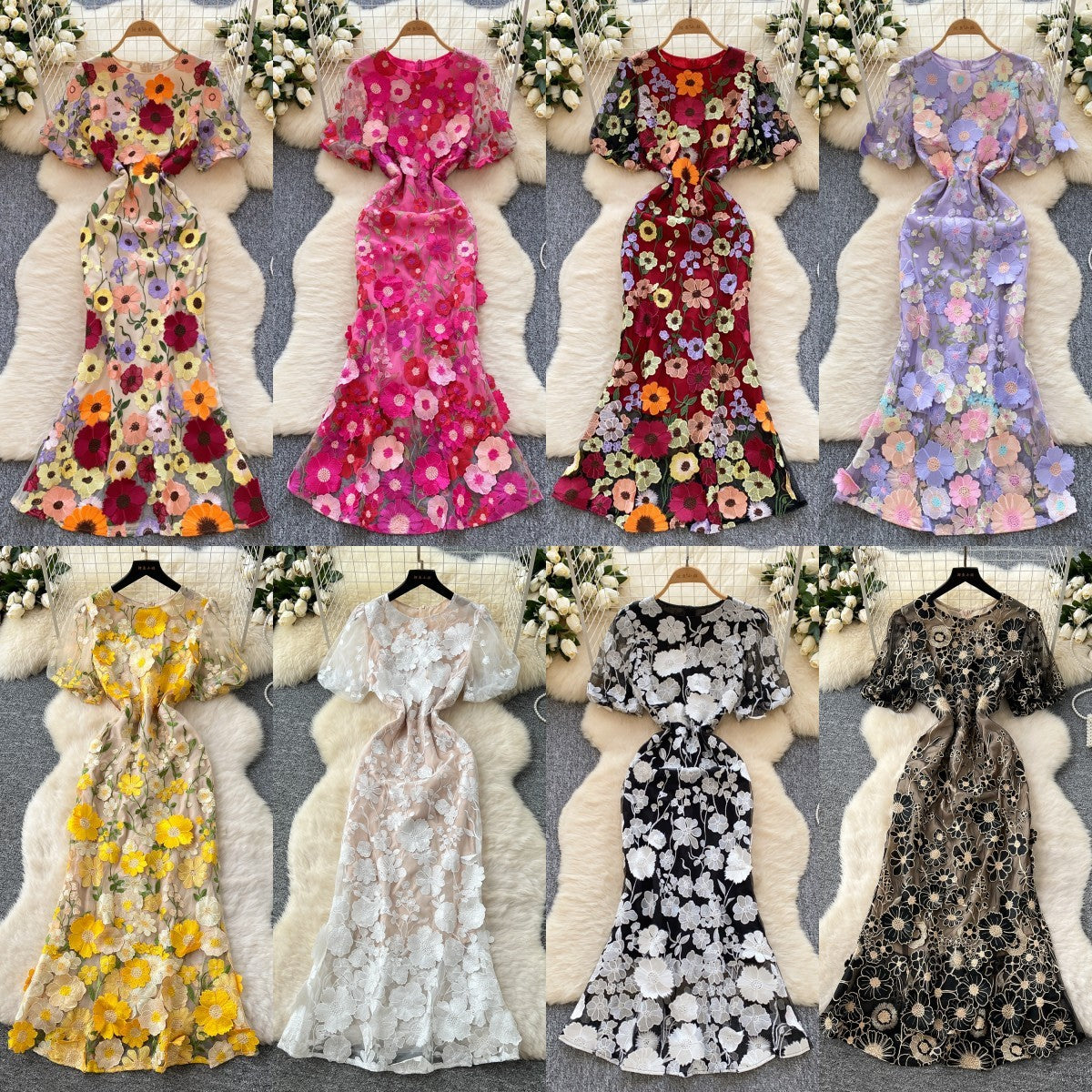 Elegant Flower Embroidery Round Neck Slim Waist Fishtail Dress