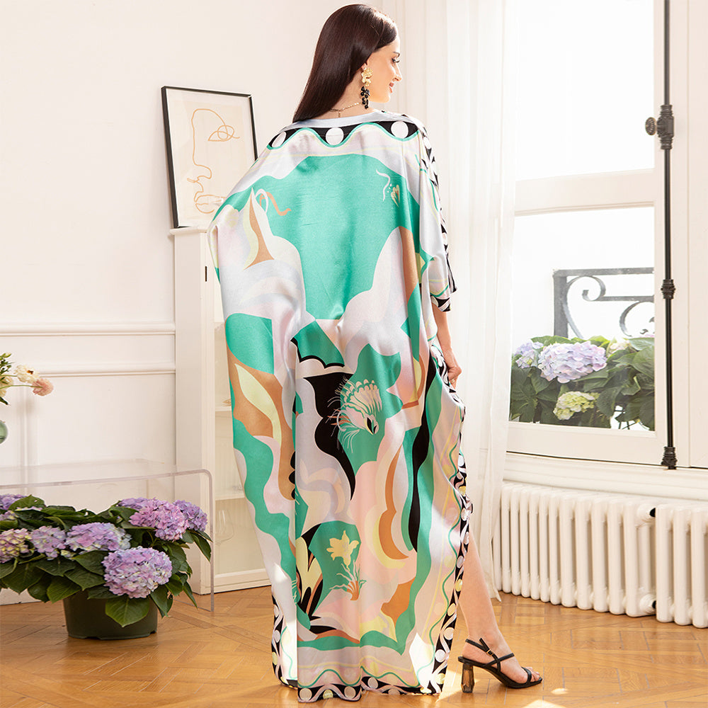 Elegant Style V-neck Color Contrast Printing Abstract Split Fork Irregular Regular Sleeve Kaftan