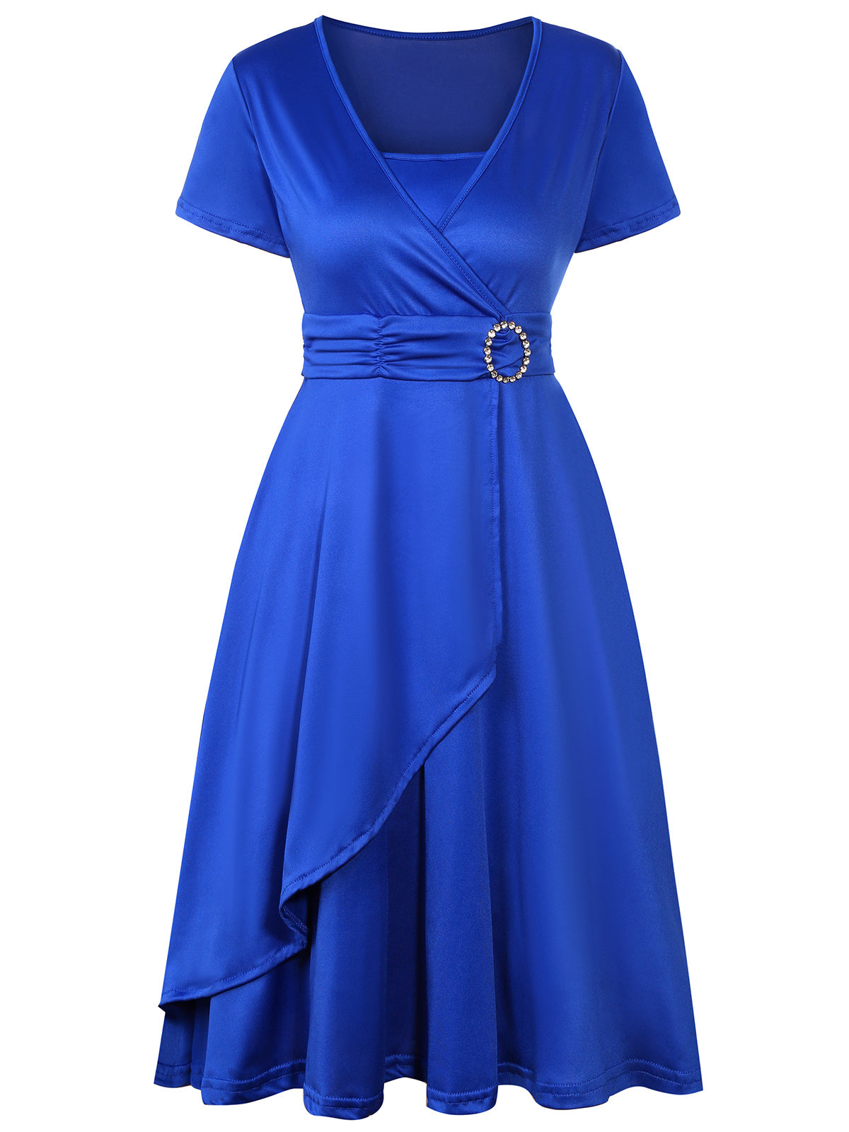 Asymmetrical Hem Short Sleeve V-neck Cross Elegant Solid Color Rhinestone Dress