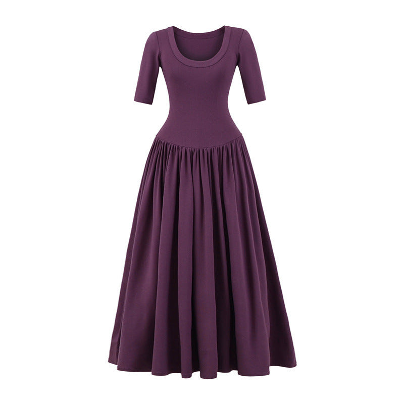 Ballet Style Slim U Collar Pleated Dress