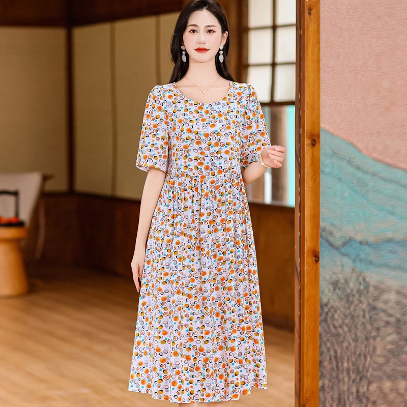 Cotton Silk Fashion Floral Loose Plus Size Outer Wear Dress
