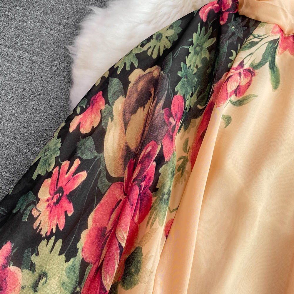 Elegant Women's Dress Long Skirt Waist Slim Print Dress