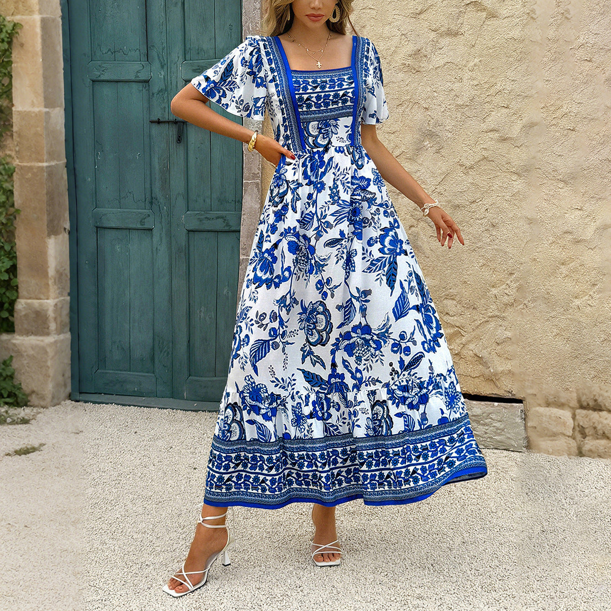 Holiday Floral Print A- Line Dress Women's Clothing