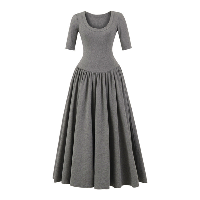Ballet Style Slim U Collar Pleated Dress