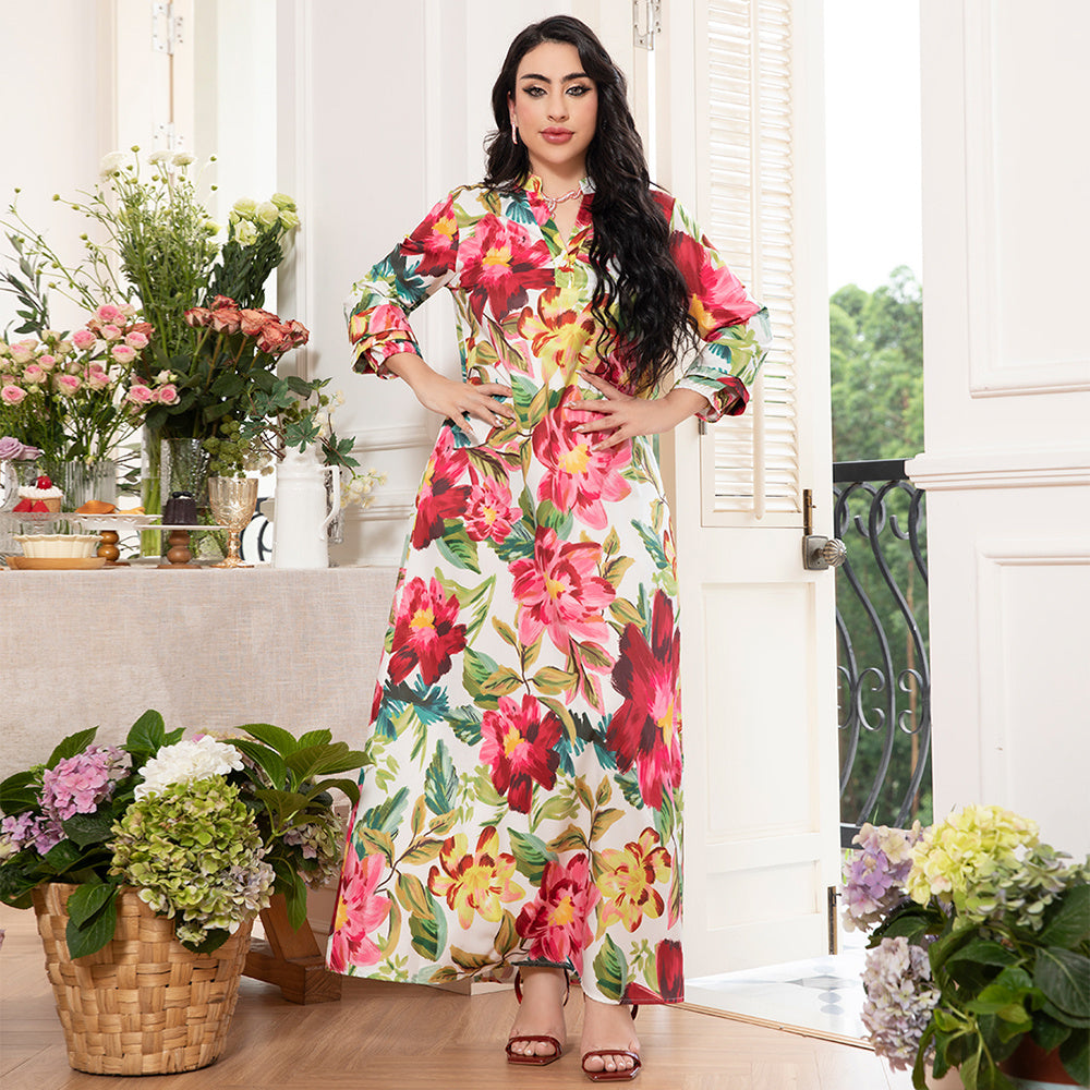 Holiday Style Elegant Style V-neck Flowers Plant Flared Sleeve Long Dresses