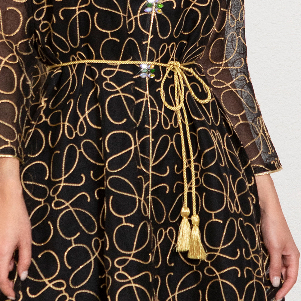 Elegant Style V-neck Geometry Color Contrast Embroidery Belt Regular Sleeve Kaftan Black