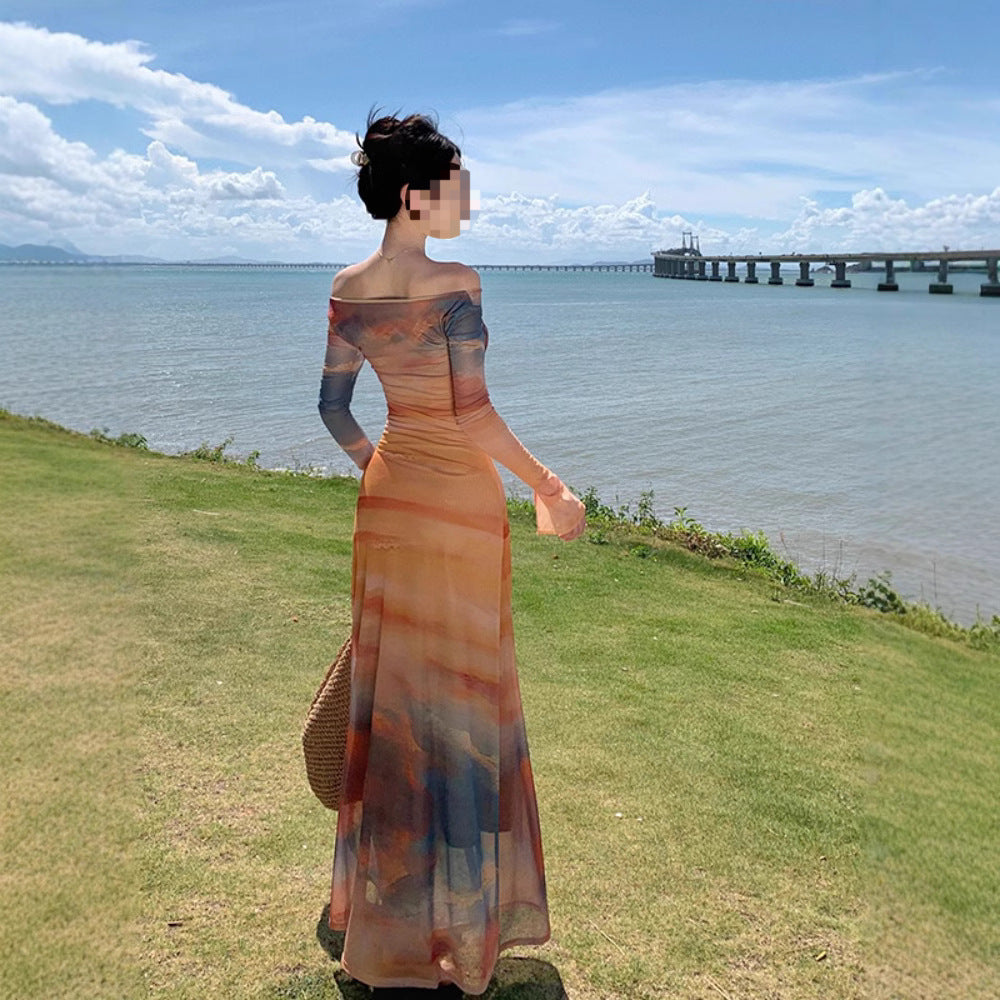 French Hot Girl Sunset Tie-dye Printing Swing Collar Mesh Dress