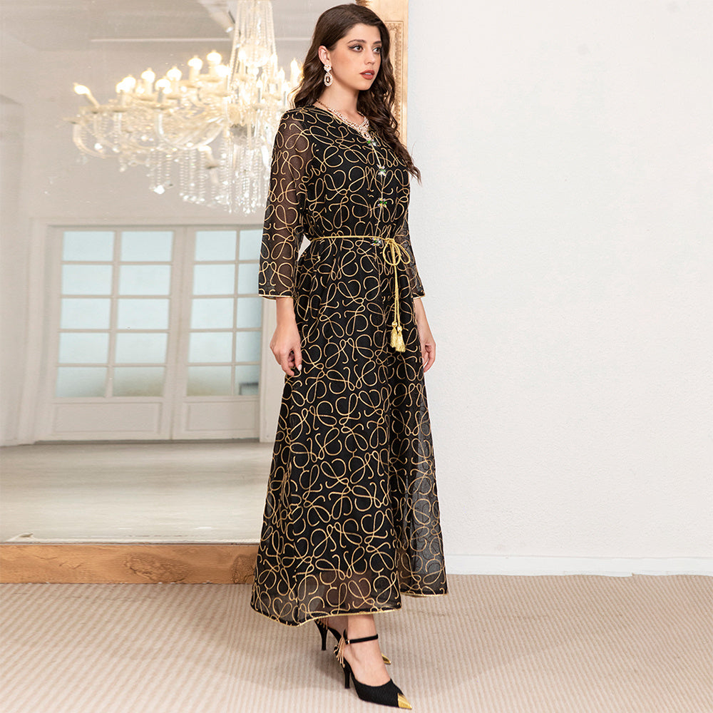 Elegant Style V-neck Geometry Color Contrast Embroidery Belt Regular Sleeve Kaftan Black