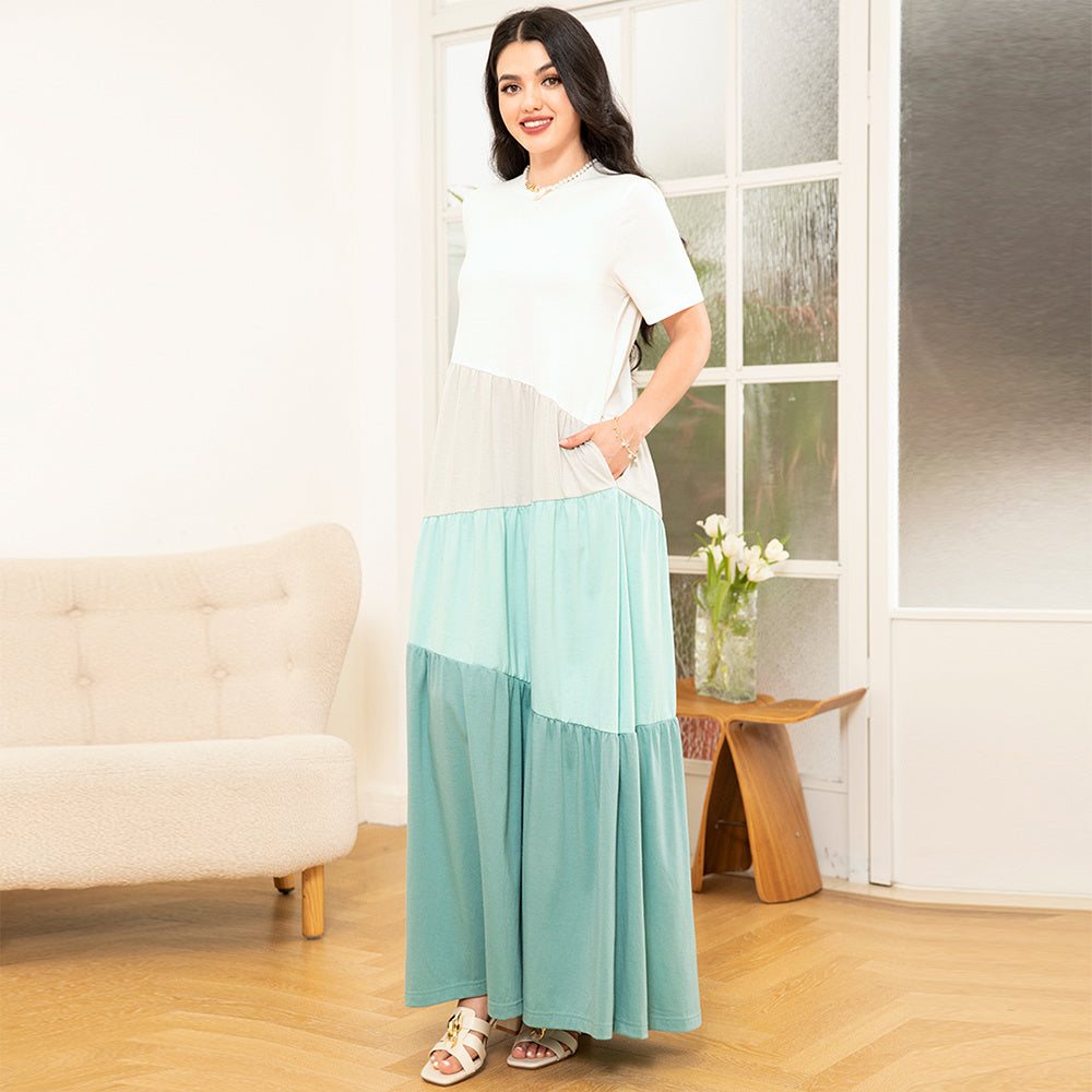 Sweet Round Neck Color Contrast Splicing Pattern Splicing Pocket Regular Sleeve Long Dresses