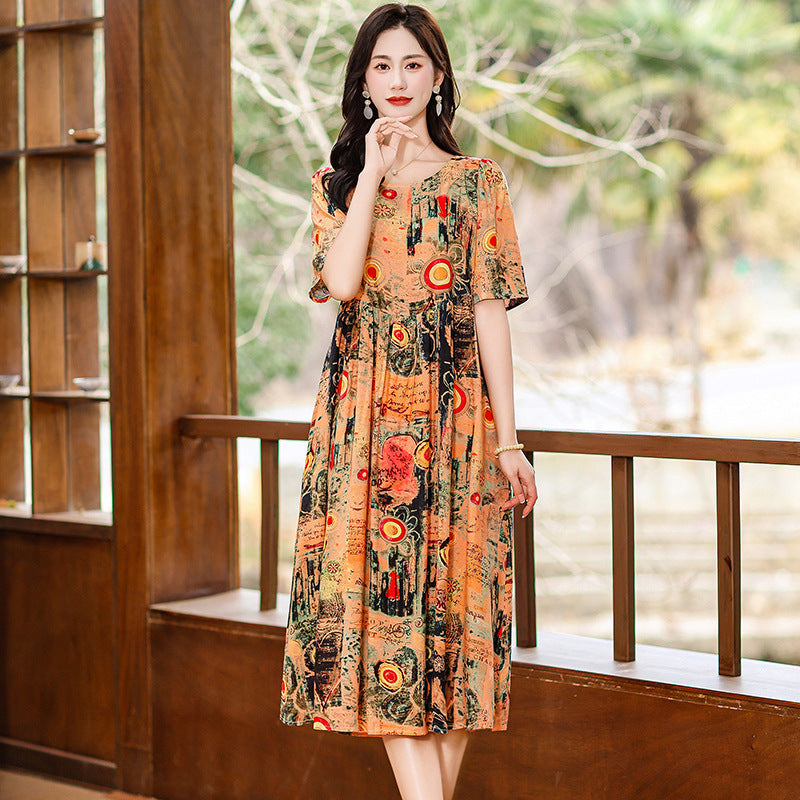 Cotton Silk Fashion Floral Loose Plus Size Outer Wear Dress