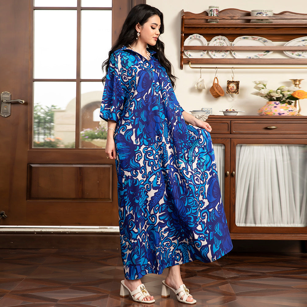Holiday Style Lapel Flowers Pocket Buttons Regular Sleeve Long Dresses
