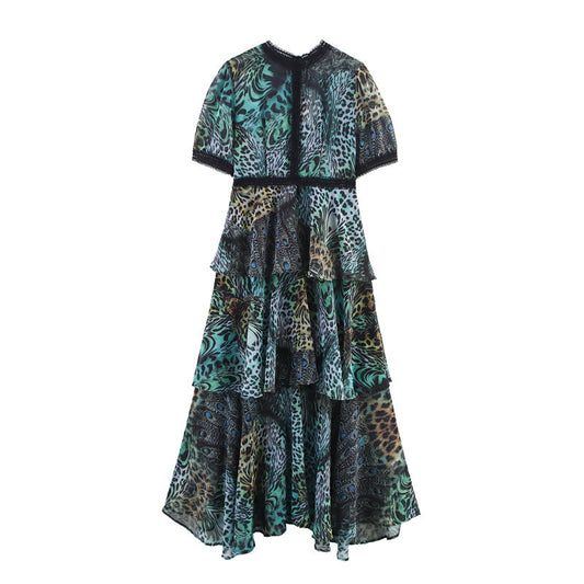 Laminated Patchwork Temperament Printed Long Skirt
