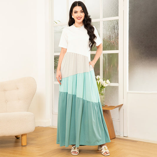 Sweet Round Neck Color Contrast Splicing Pattern Splicing Pocket Regular Sleeve Long Dresses