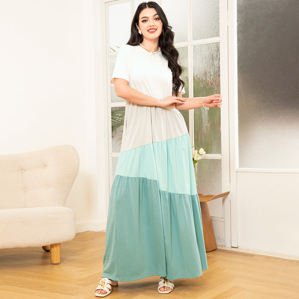 Sweet Round Neck Color Contrast Splicing Pattern Splicing Pocket Regular Sleeve Long Dresses