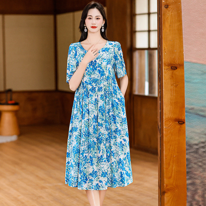 Cotton Silk Fashion Floral Loose Plus Size Outer Wear Dress