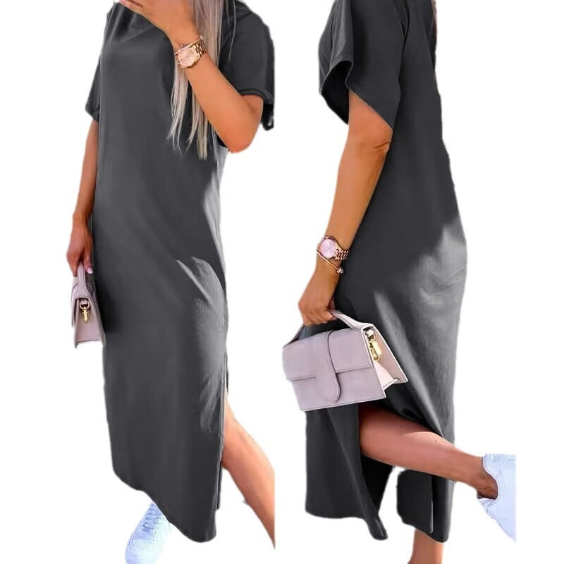 Solid Color Short Sleeve Round Neck Slit Hemline At Hem Dress