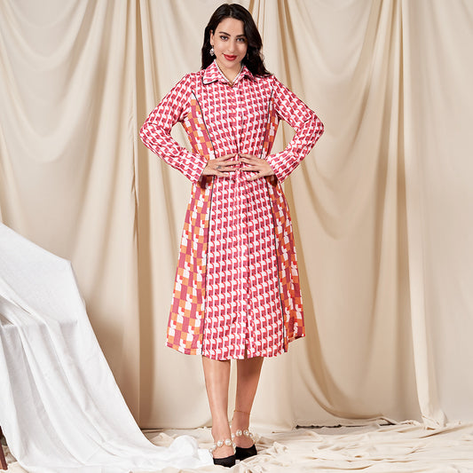 Classical Lapel Geometry Splicing Buttons Shirt Sleeve Mid Dresses