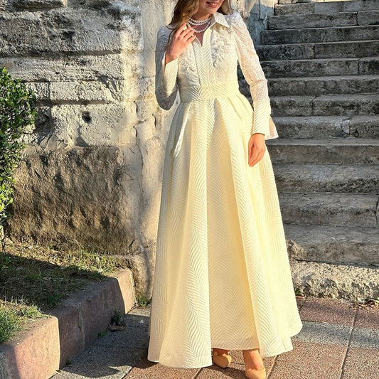 White Front Chest Flower Beads Lace Yarn French Style Retro Long Sleeve Fashion Slim Dress