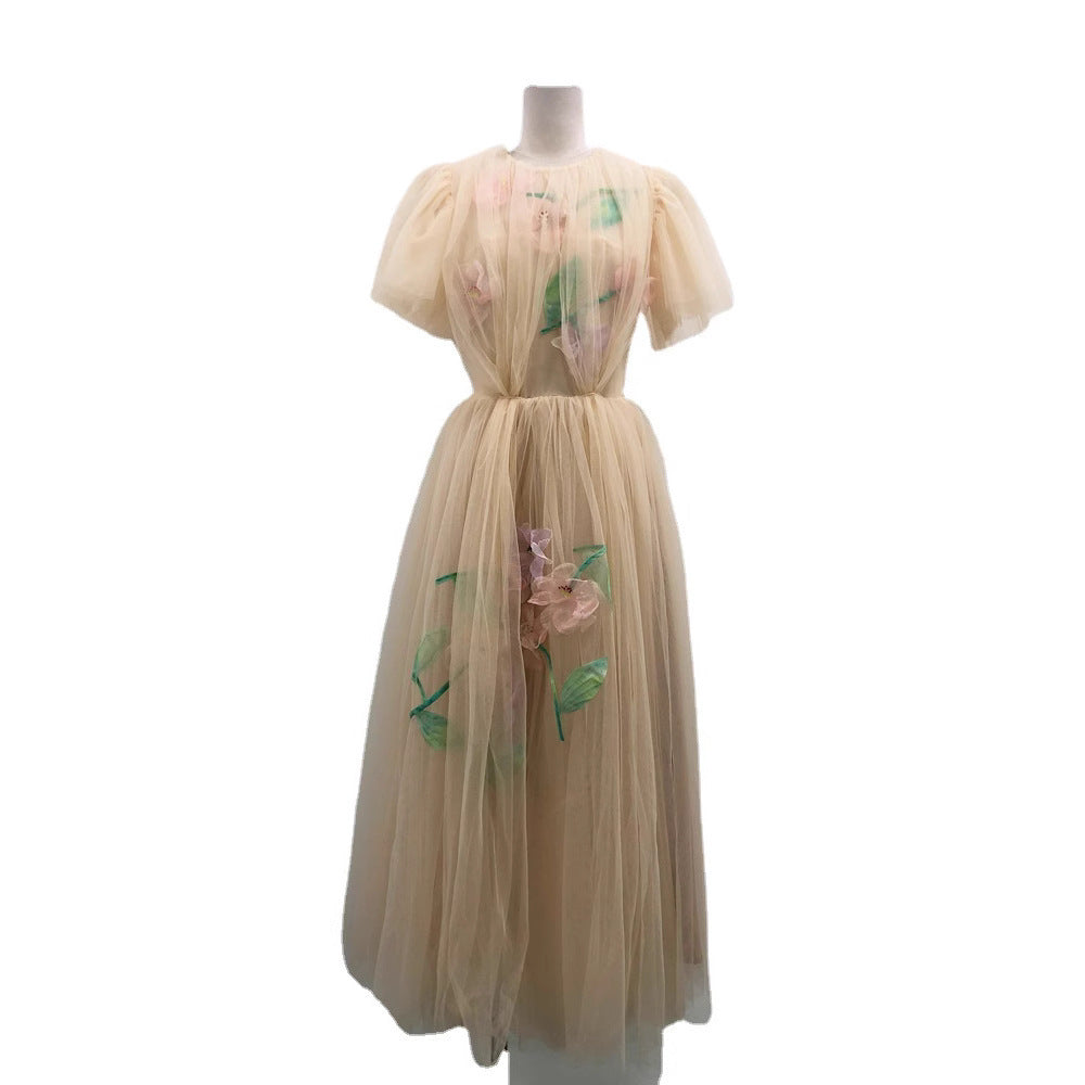 Designer Heavy Industry Net Yarn Hand-stitched Flower Fairy Dress