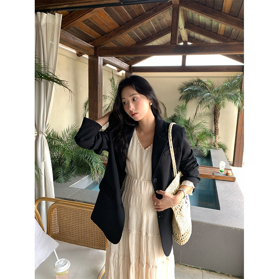 Yellow Silk Button Trim Collar Bell Sleeve Multi-layer Stitching Dress