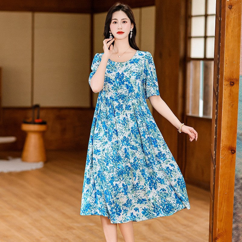 Cotton Silk Fashion Floral Loose Plus Size Outer Wear Dress