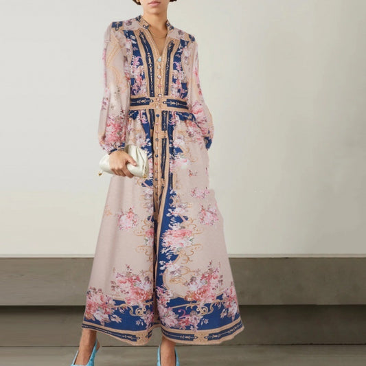 Stand Collar Positioning Printed Lantern Sleeve Dress