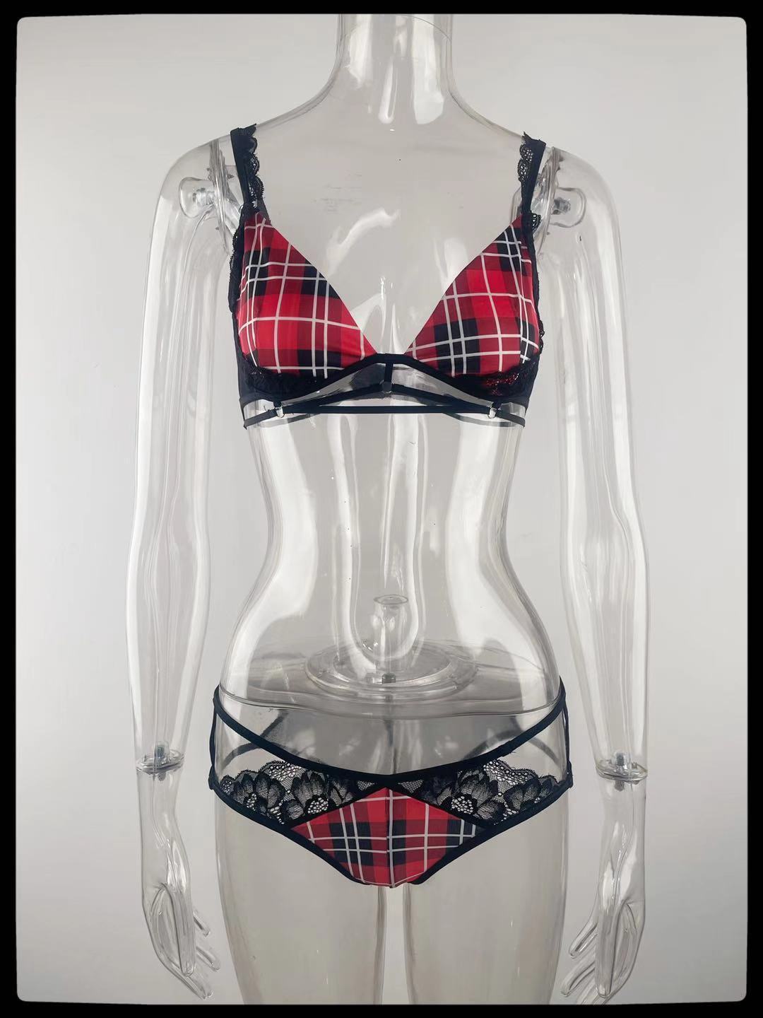 Ladies Fashion Plaid Sexy Underwear Three-point Style
