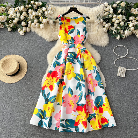 French Retro Crew Neck Positioning Printing Dress