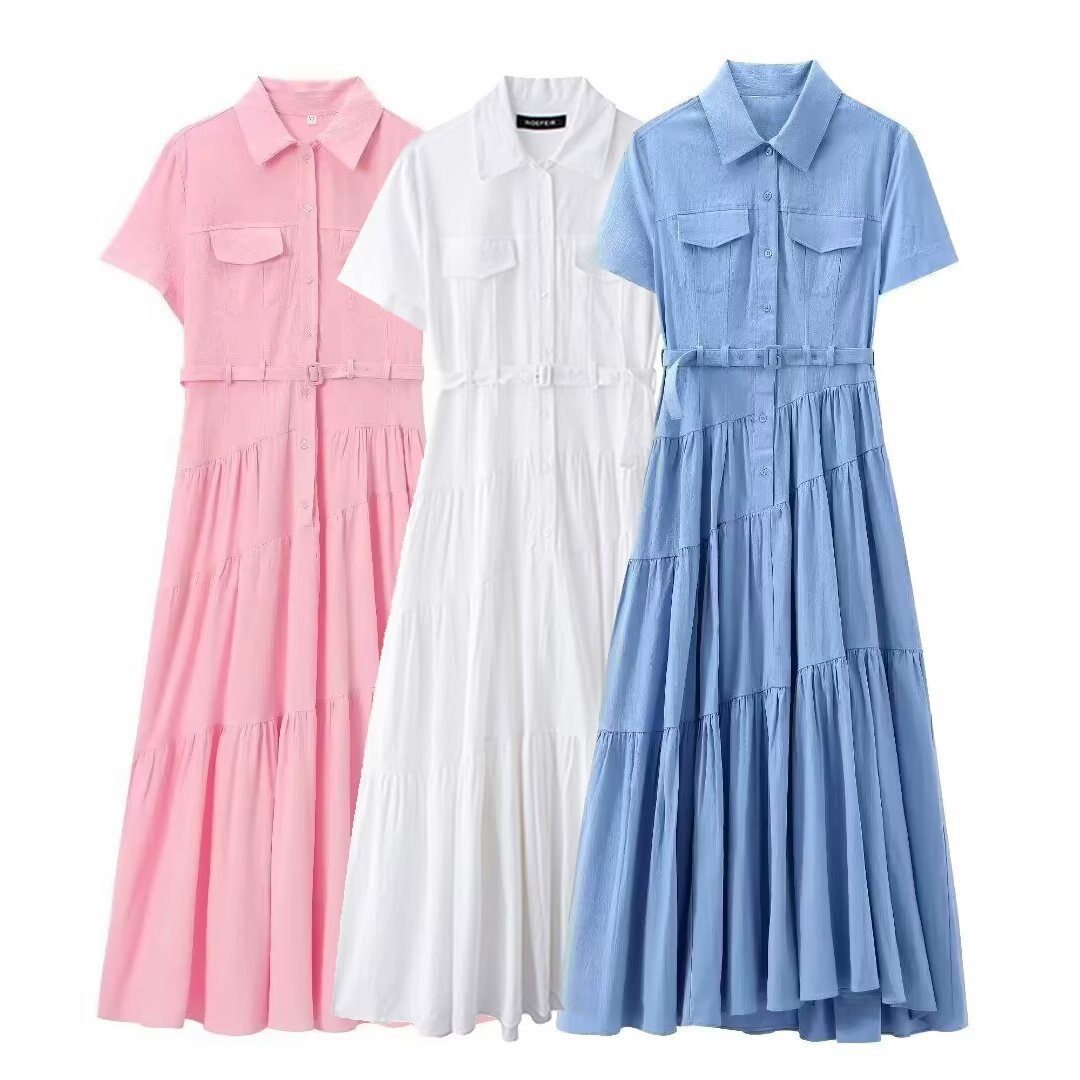 European And American Style With Belt Shirt Stitching Dress