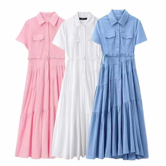 European And American Style With Belt Shirt Stitching Dress