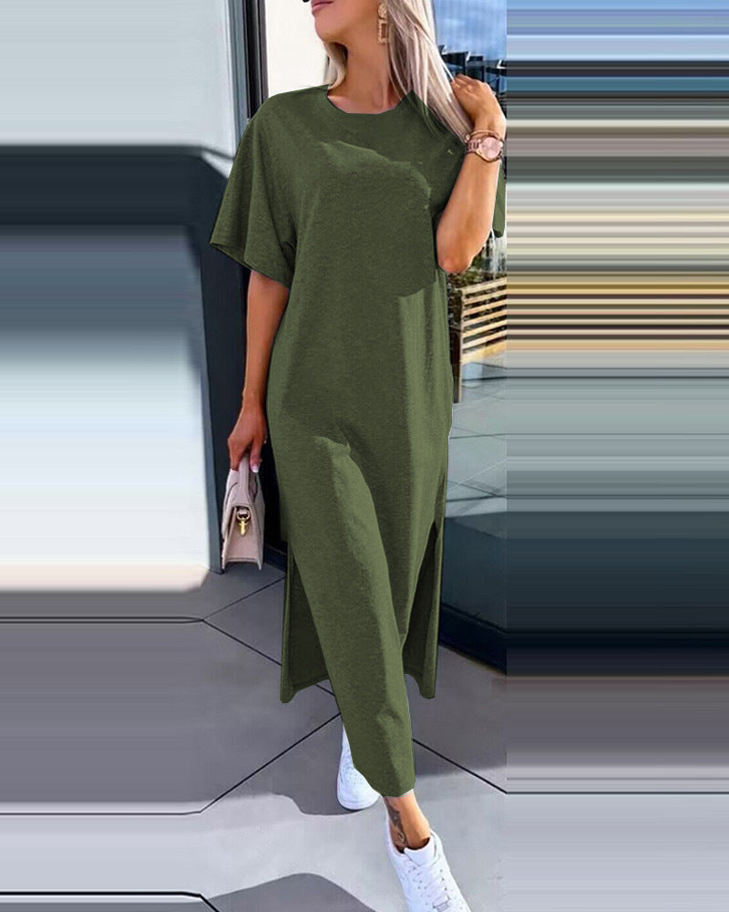 Solid Color Short Sleeve Round Neck Slit Hemline At Hem Dress