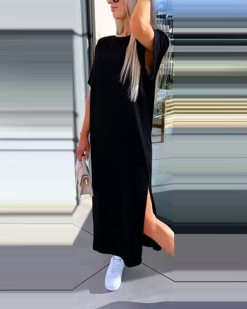 Solid Color Short Sleeve Round Neck Slit Hemline At Hem Dress