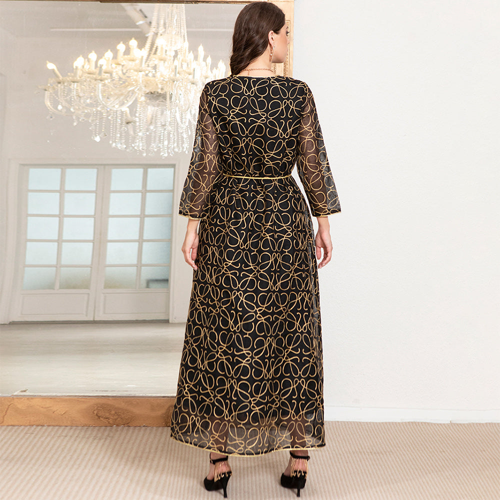 Elegant Style V-neck Geometry Color Contrast Embroidery Belt Regular Sleeve Kaftan Black