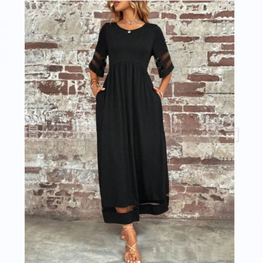 New Hot Selling Plus Size Women's Five Quarter Sleeve Mesh Round Neck Dress With Pockets