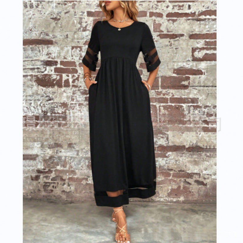 New Hot Selling Plus Size Women's Five Quarter Sleeve Mesh Round Neck Dress With Pockets