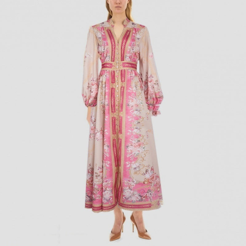 Stand Collar Positioning Printed Lantern Sleeve Dress
