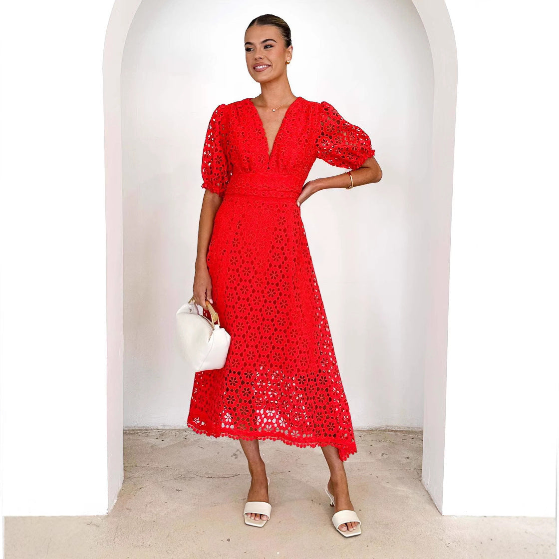 V-neck Sexy Waist Solid Color Lace Hollow Maxi Dress