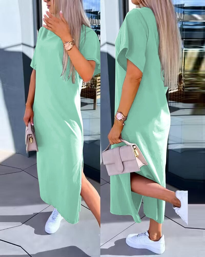 Solid Color Short Sleeve Round Neck Slit Hemline At Hem Dress