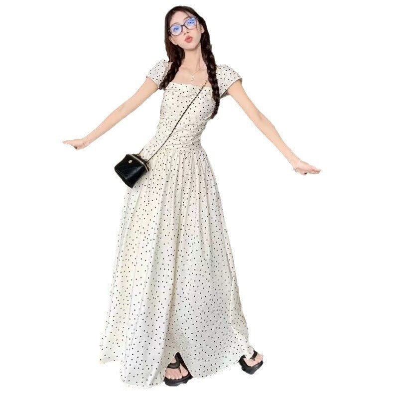 French Square Collar Polka Dot Flying Sleeve Dress