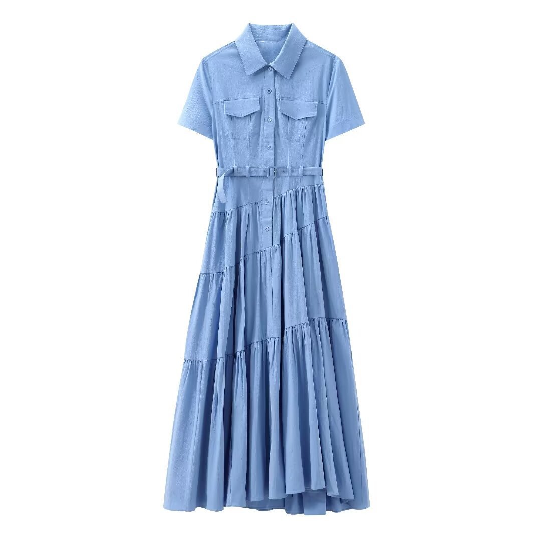 European And American Style With Belt Shirt Stitching Dress