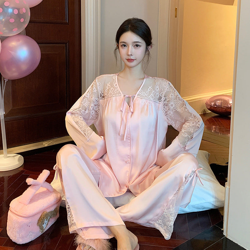 Women's Long-sleeved Ice Silk Pajamas Lace Suit